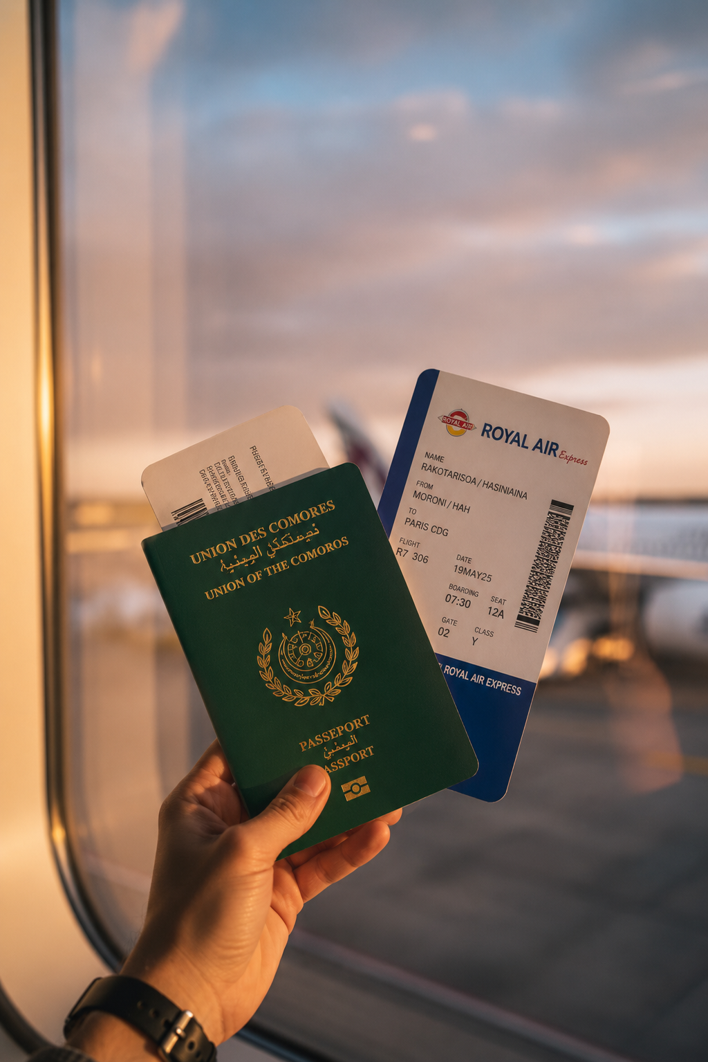 Passeport des Comores et carte d’embarquement Royal Air